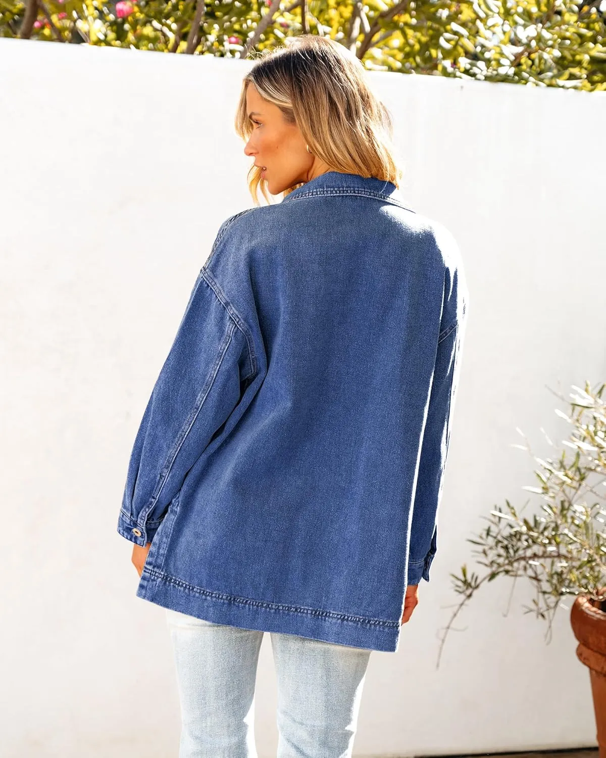 luvamia Denim Jacket for Women Trendy Oversized Button Down Jean Jacket Long Sleeve Slit Hem Shacket Jackets with Pocket