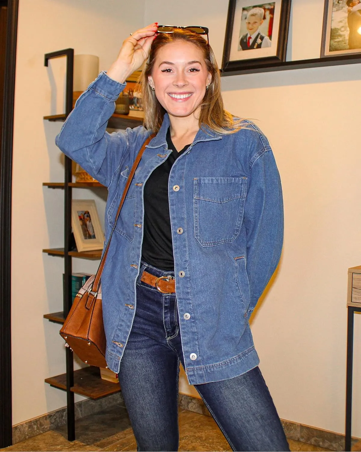 luvamia Denim Jacket for Women Trendy Oversized Button Down Jean Jacket Long Sleeve Slit Hem Shacket Jackets with Pocket