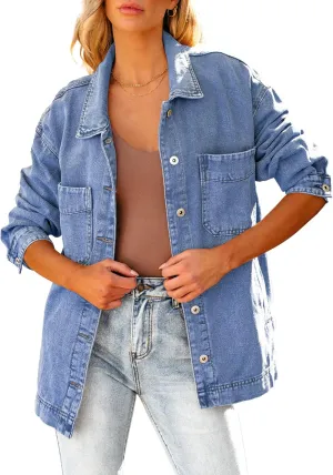 luvamia Denim Jacket for Women Trendy Oversized Button Down Jean Jacket Long Sleeve Slit Hem Shacket Jackets with Pocket