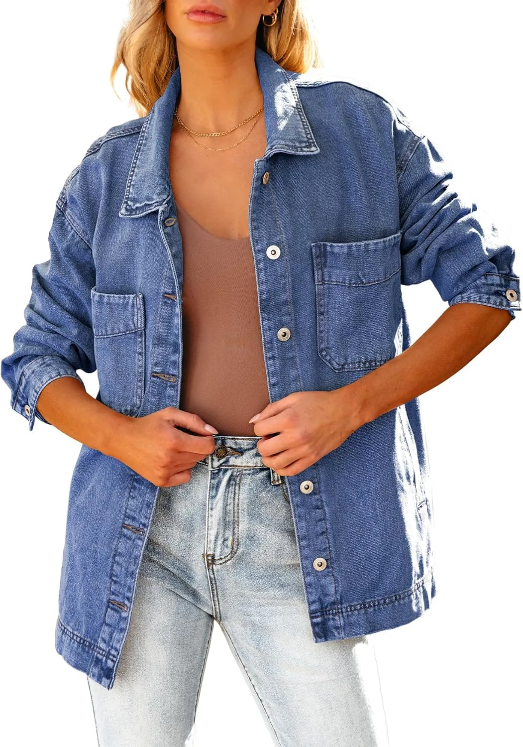 luvamia Denim Jacket for Women Trendy Oversized Button Down Jean Jacket Long Sleeve Slit Hem Shacket Jackets with Pocket