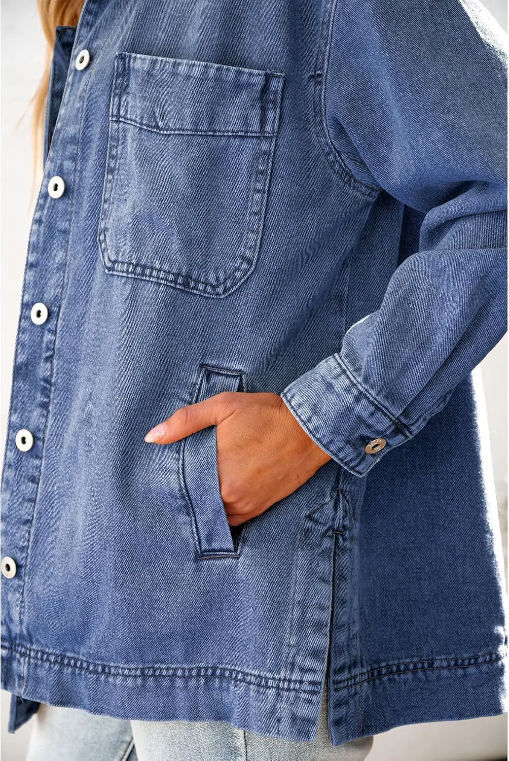 luvamia Denim Jacket for Women Trendy Oversized Button Down Jean Jacket Long Sleeve Slit Hem Shacket Jackets with Pocket