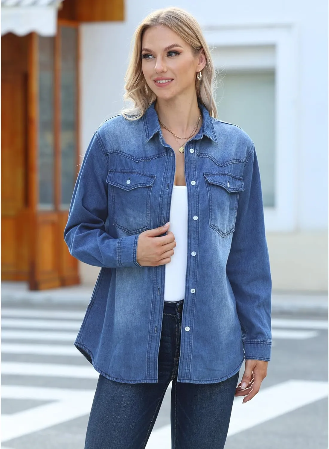 luvamia Long Denim Jacket for Women Lightweight Trendy Jean Button Down Shirts Jackets Oversized Shackets with Pockets