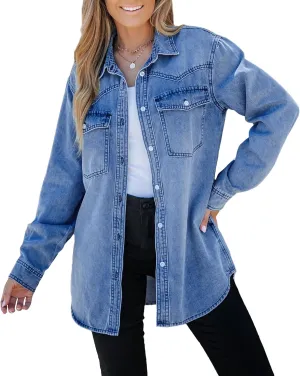 luvamia Long Denim Jacket for Women Lightweight Trendy Jean Button Down Shirts Jackets Oversized Shackets with Pockets