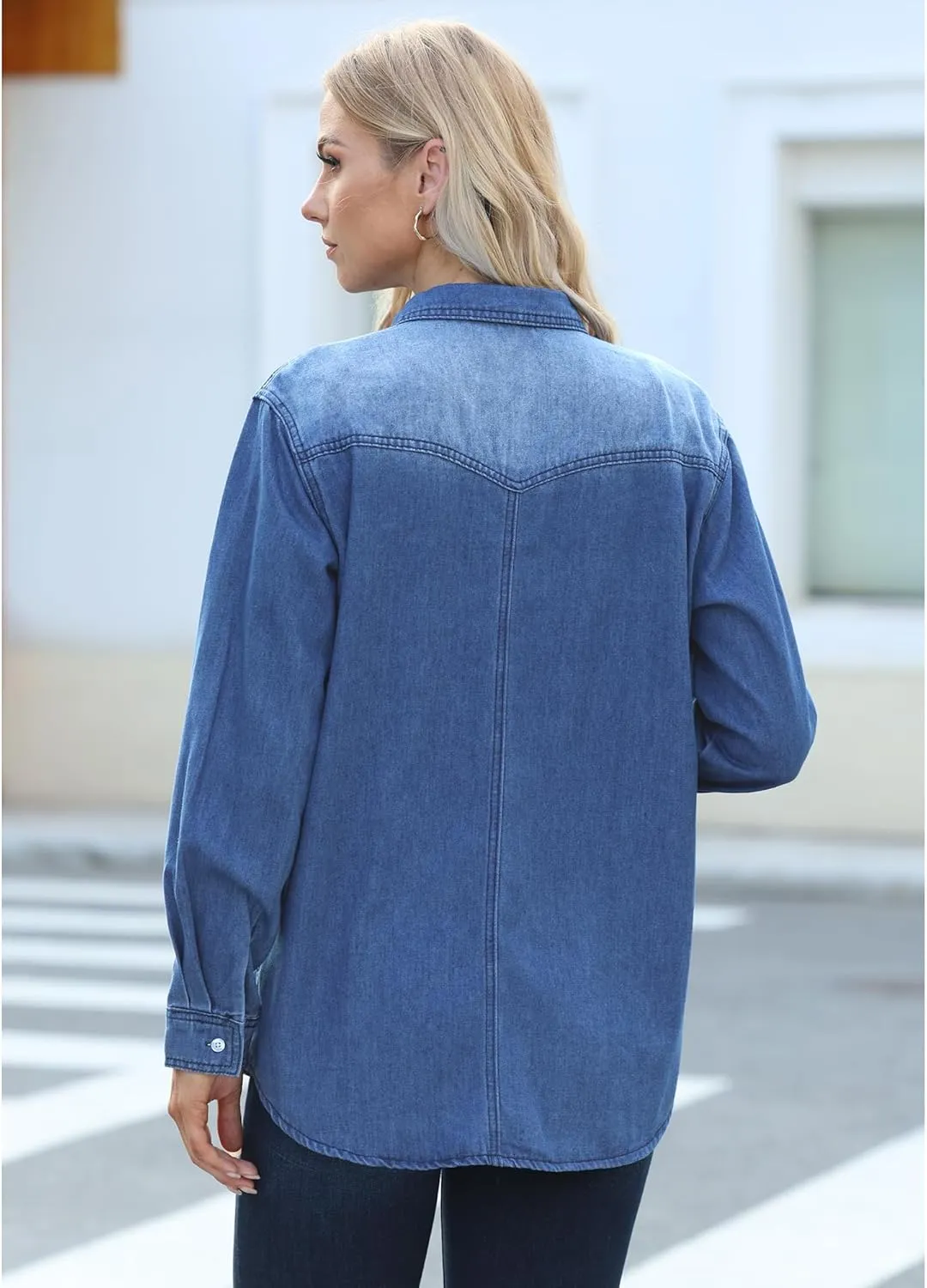 luvamia Long Denim Jacket for Women Lightweight Trendy Jean Button Down Shirts Jackets Oversized Shackets with Pockets