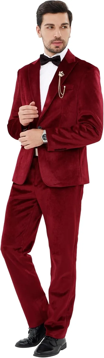 MAGE MALE Men's 2 Piece Velvet Suit One Button Tuxedo Slim Fit Luxurious Blazer Party Dinner Jacket & Pants
