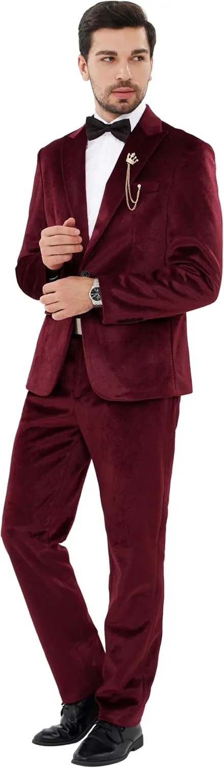 MAGE MALE Men's 2 Piece Velvet Suit One Button Tuxedo Slim Fit Luxurious Blazer Party Dinner Jacket & Pants