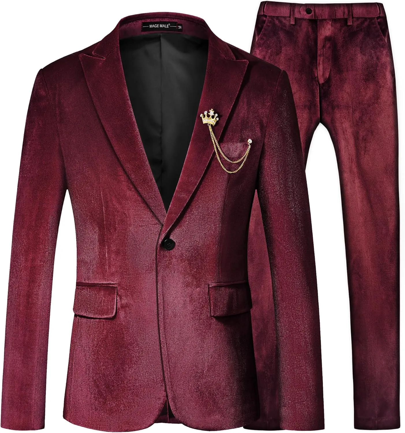 MAGE MALE Men's 2 Piece Velvet Suit One Button Tuxedo Slim Fit Luxurious Blazer Party Dinner Jacket & Pants