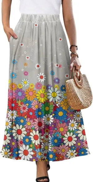 Maxi Skirt for Women Long Elegant High Waisted Cocktail Party Wedding Skirts Flared A-Line Skirts with Pockets