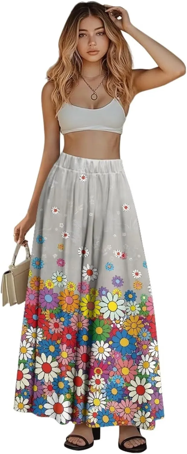Maxi Skirt for Women Long Elegant High Waisted Cocktail Party Wedding Skirts Flared A-Line Skirts with Pockets