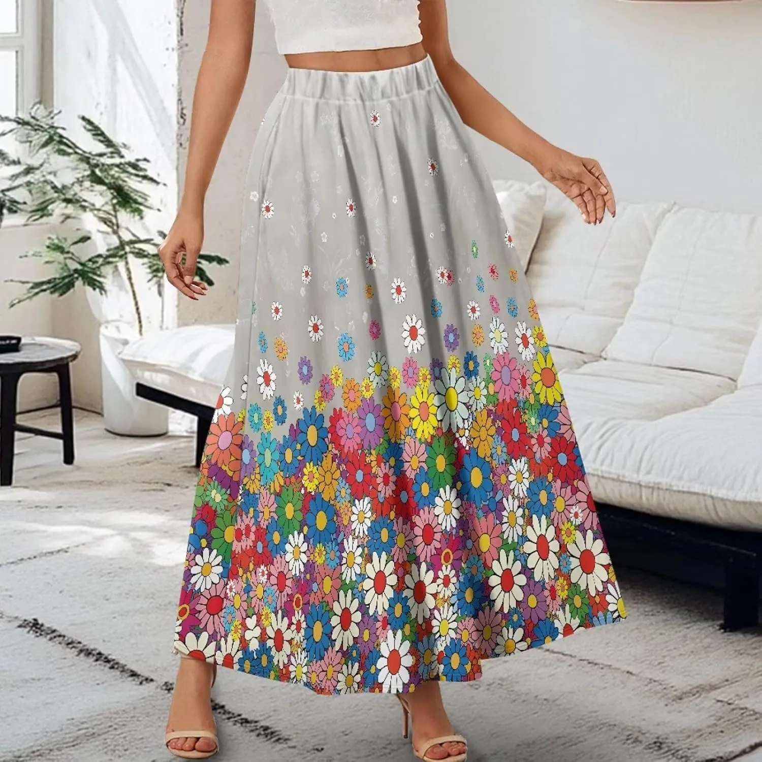 Maxi Skirt for Women Long Elegant High Waisted Cocktail Party Wedding Skirts Flared A-Line Skirts with Pockets