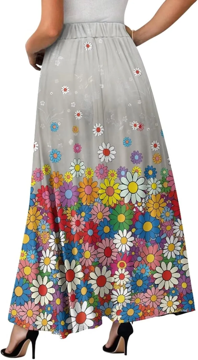 Maxi Skirt for Women Long Elegant High Waisted Cocktail Party Wedding Skirts Flared A-Line Skirts with Pockets