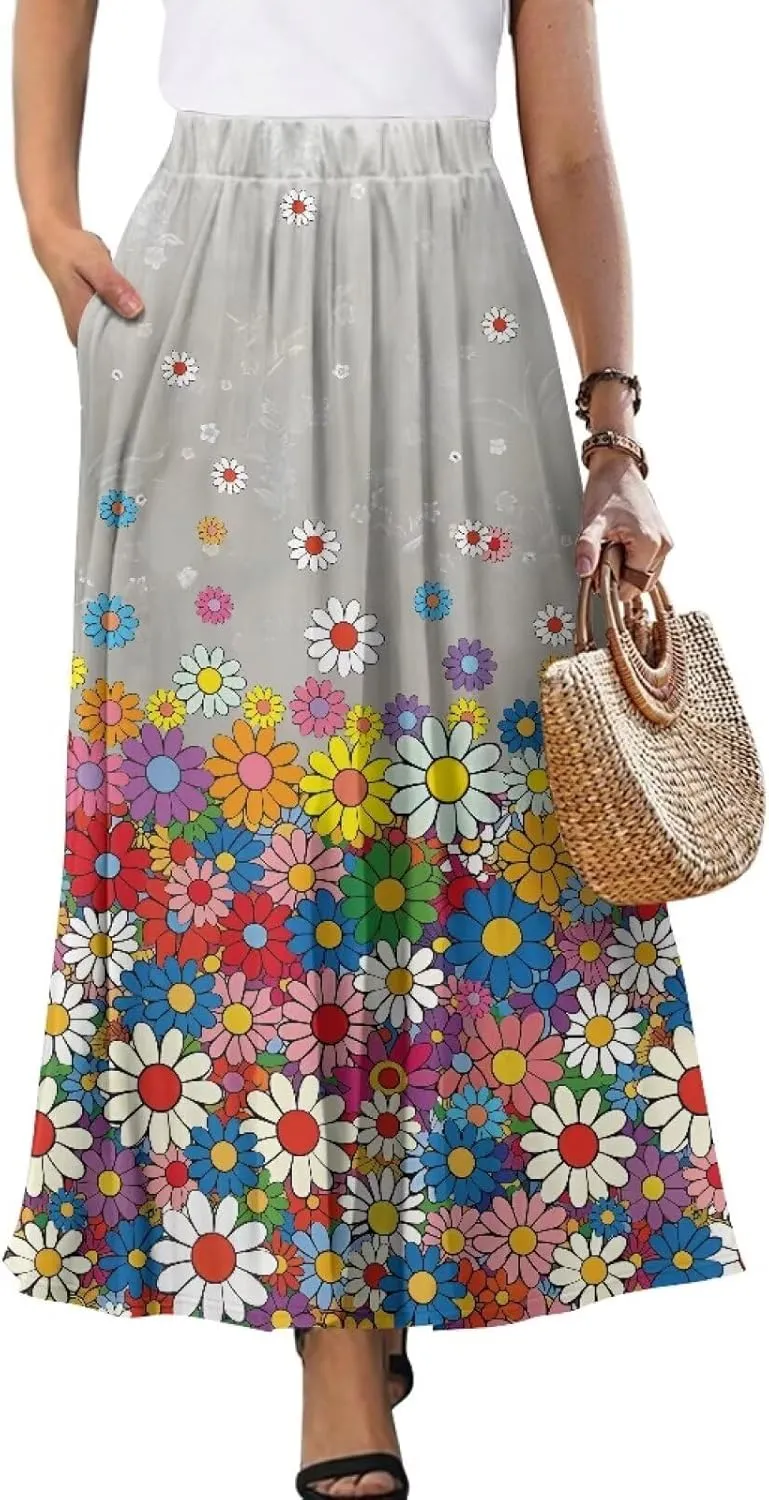 Maxi Skirt for Women Long Elegant High Waisted Cocktail Party Wedding Skirts Flared A-Line Skirts with Pockets