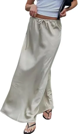 Meladyan Woman Drawstring High Elastic Waist Maxi Long Skirt A Line Flare Solid Slim Fitted Going Out Casual Midi Skirts