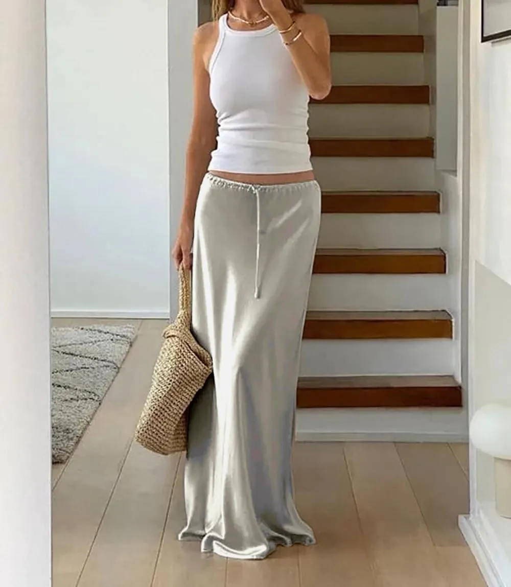 Meladyan Woman Drawstring High Elastic Waist Maxi Long Skirt A Line Flare Solid Slim Fitted Going Out Casual Midi Skirts