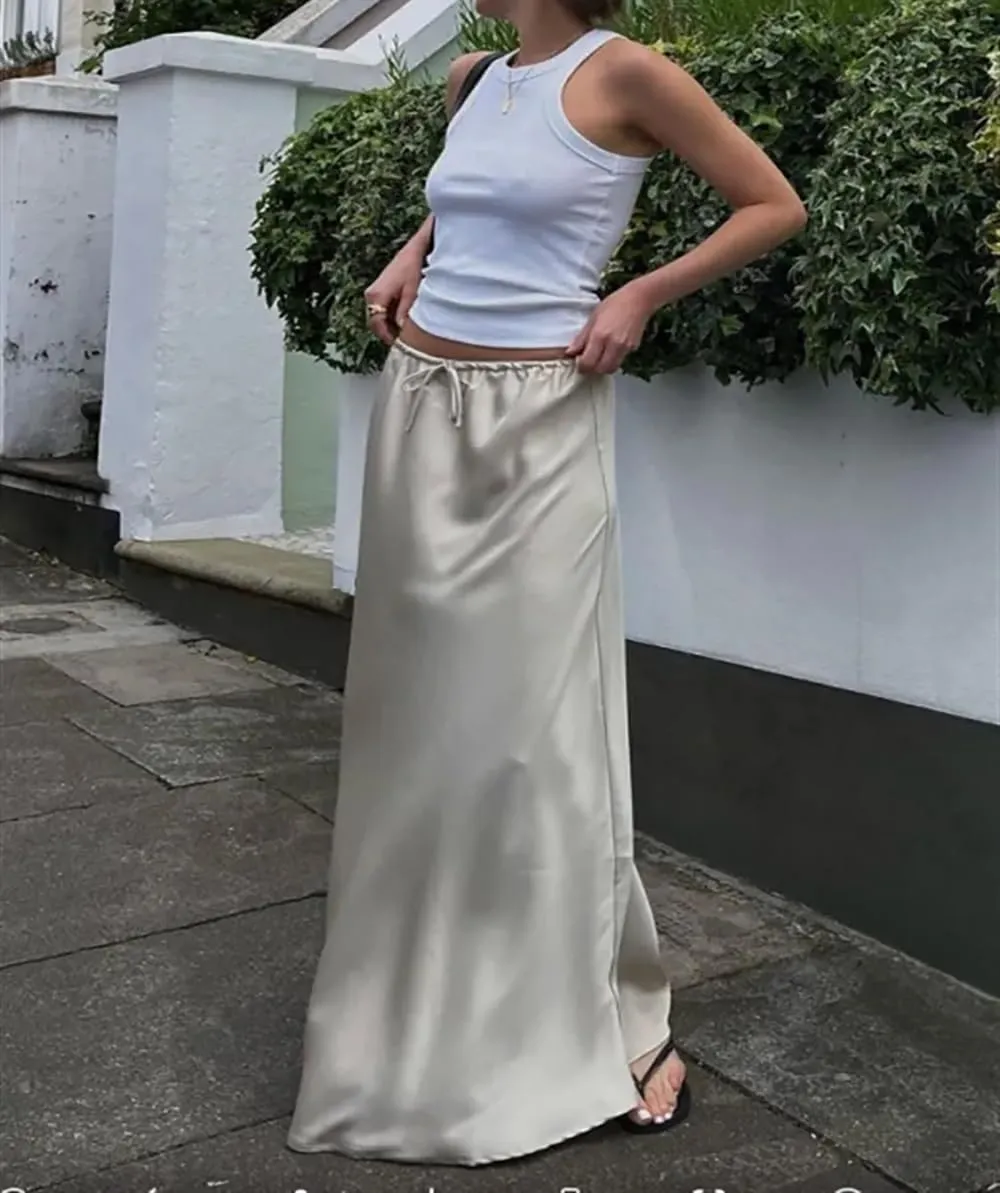Meladyan Woman Drawstring High Elastic Waist Maxi Long Skirt A Line Flare Solid Slim Fitted Going Out Casual Midi Skirts