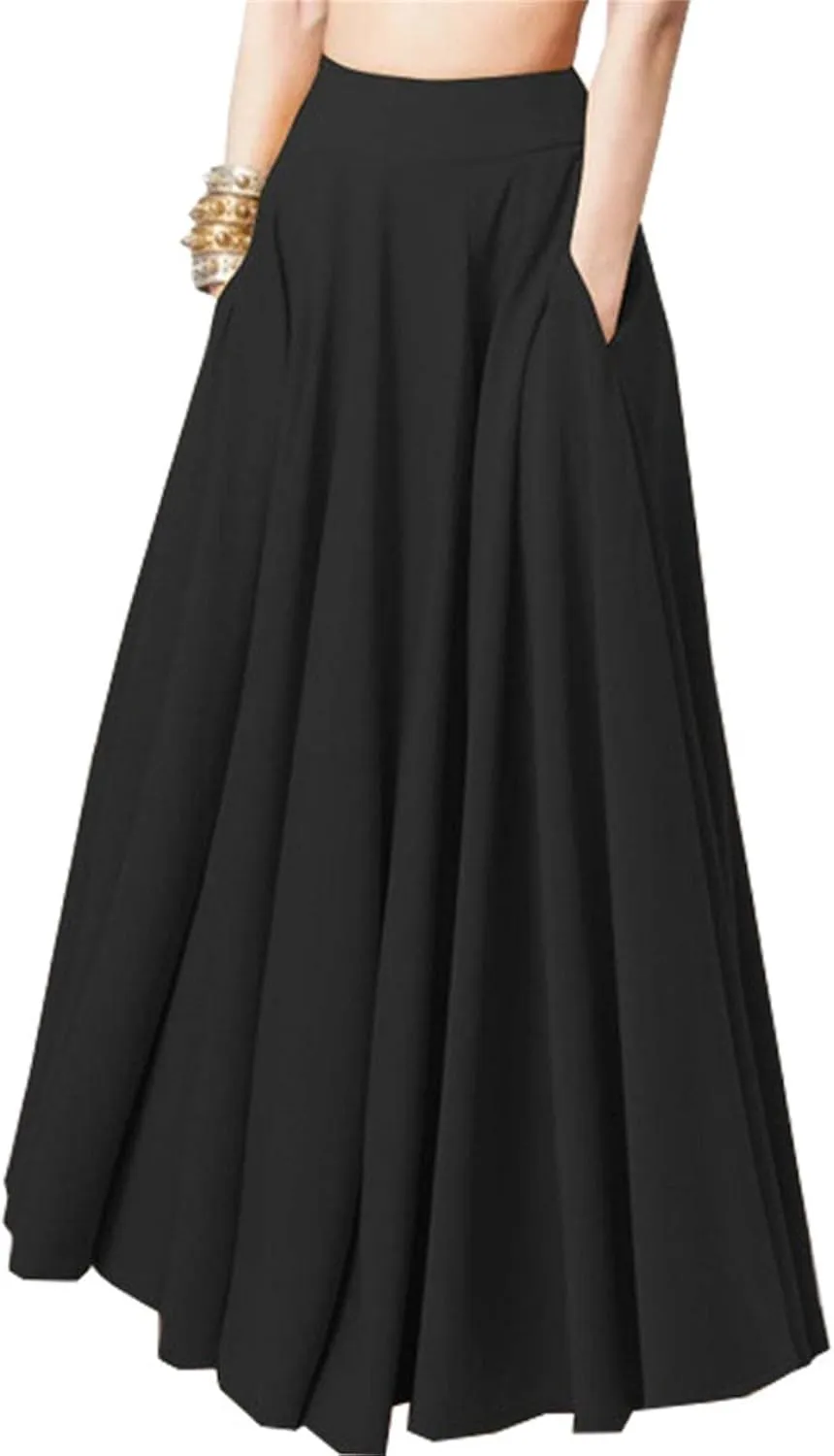 Melliflo Womens High Waisted A-Line Swing Skirt Solid Color Long Skirts Ankle Length Flowy Maxi Skirts with Pockets