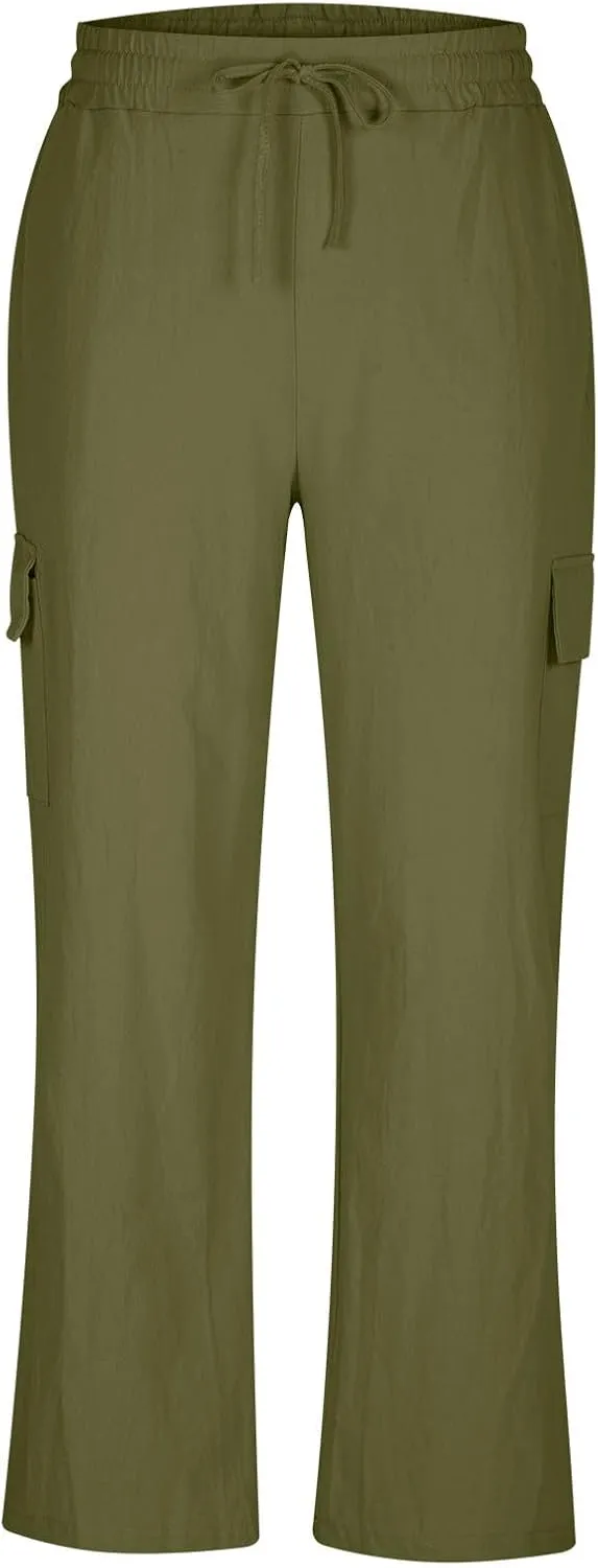 Mens Cotton Linen Pants Elastic Waist Loose Fit Lounge Beach Cargo Pants Casual Lightweight Trouser with Pockets