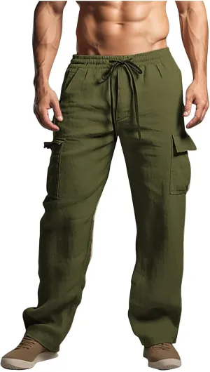 Mens Cotton Linen Pants Elastic Waist Loose Fit Lounge Beach Cargo Pants Casual Lightweight Trouser with Pockets