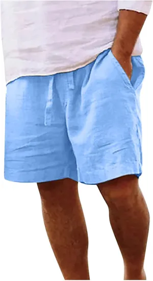 Mens Cotton Linen Shorts - White, Sleeveless, Elastic Waistband, Loose Fit, 11 Inch Inseam