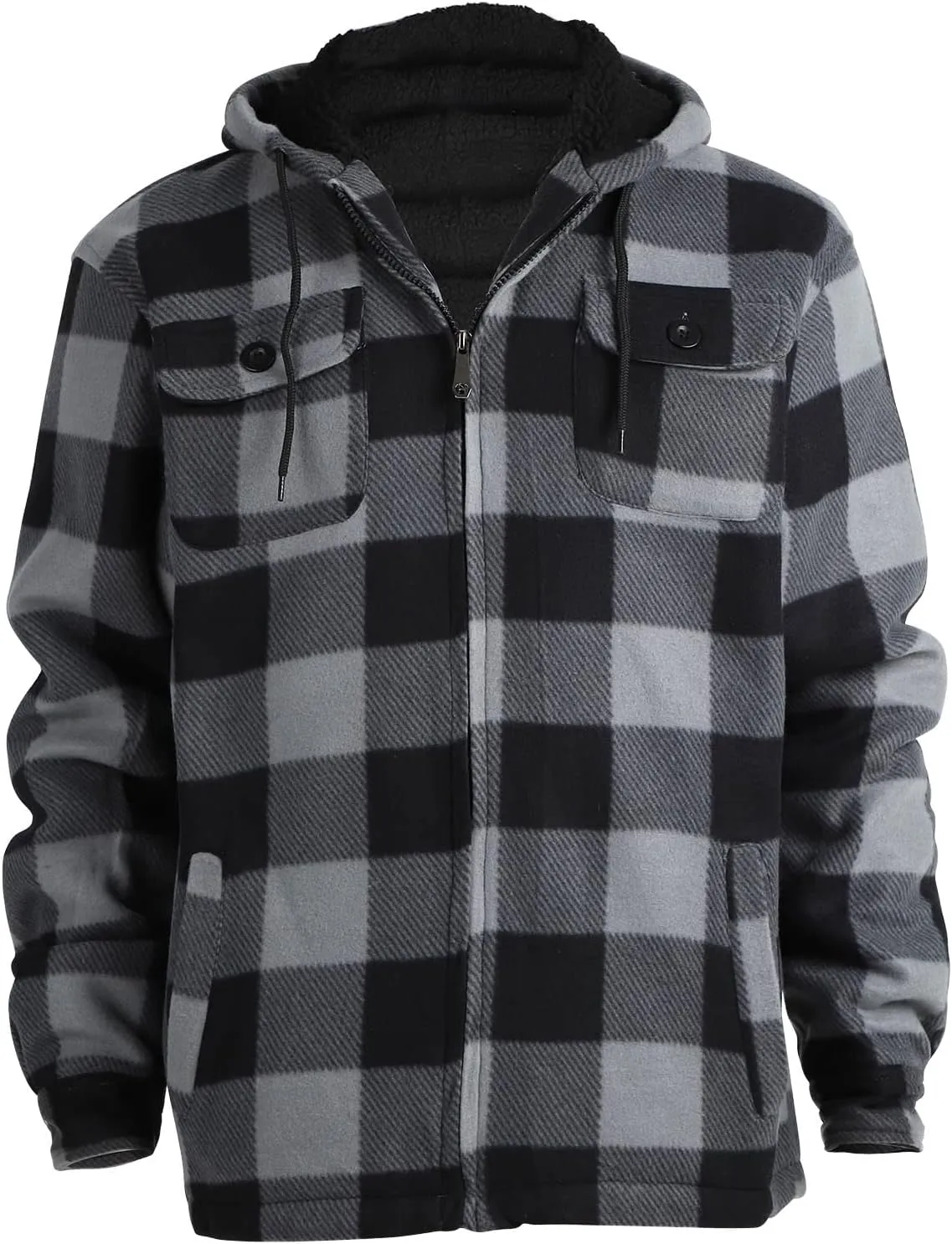 Mens Flannel Jackets Sherpa Lined Fleece Zip Up Winter Warm Workout Plaid Sweatshirt with Hood