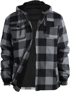 Mens Flannel Jackets Sherpa Lined Fleece Zip Up Winter Warm Workout Plaid Sweatshirt with Hood