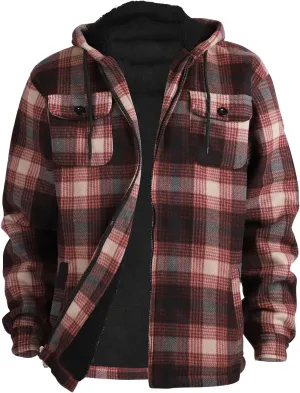 Mens Flannel Jackets Sherpa Lined Fleece Zip Up Winter Warm Workout Plaid Sweatshirt with Hood
