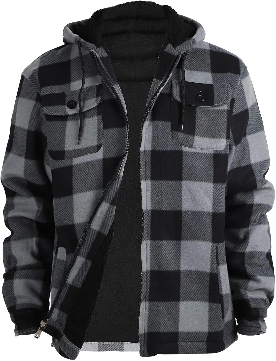 Mens Flannel Jackets Sherpa Lined Fleece Zip Up Winter Warm Workout Plaid Sweatshirt with Hood