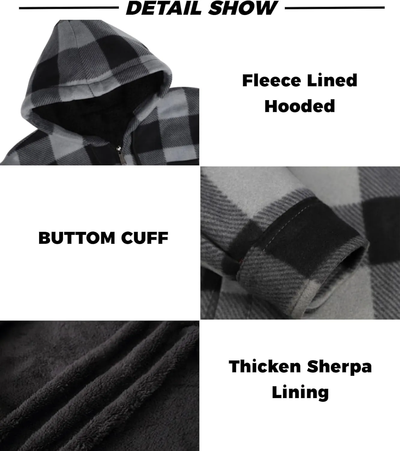 Mens Flannel Jackets Sherpa Lined Fleece Zip Up Winter Warm Workout Plaid Sweatshirt with Hood