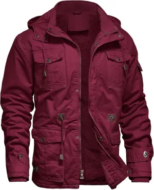 Mens Jacket Winter Casual Fleece Lined Cotton Thick Military Tactical Hooded Work Coats with Cargo Pockets