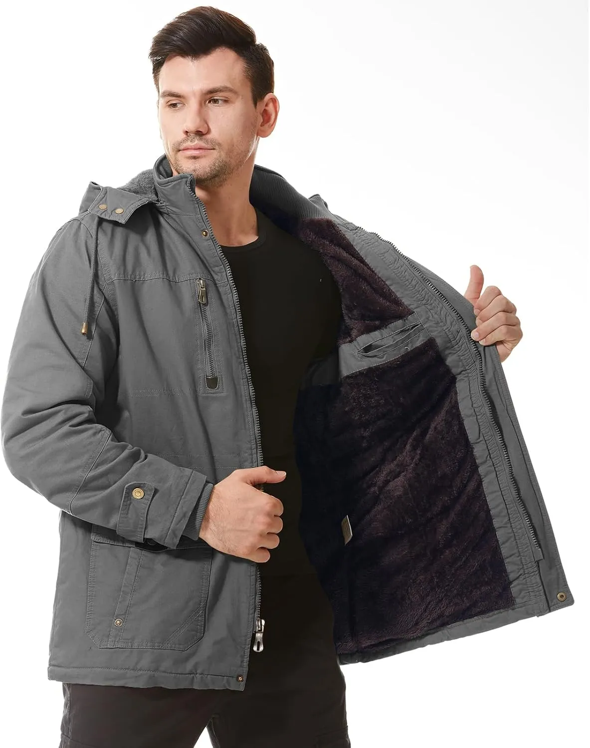 Mens Jacket Winter Casual Fleece Lined Cotton Thick Military Tactical Hooded Work Coats with Cargo Pockets