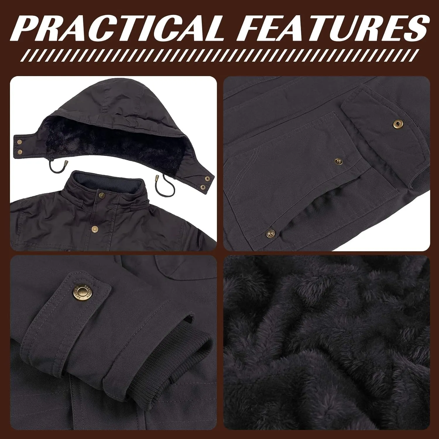 Mens Jacket Winter Casual Fleece Lined Cotton Thick Military Tactical Hooded Work Coats with Cargo Pockets
