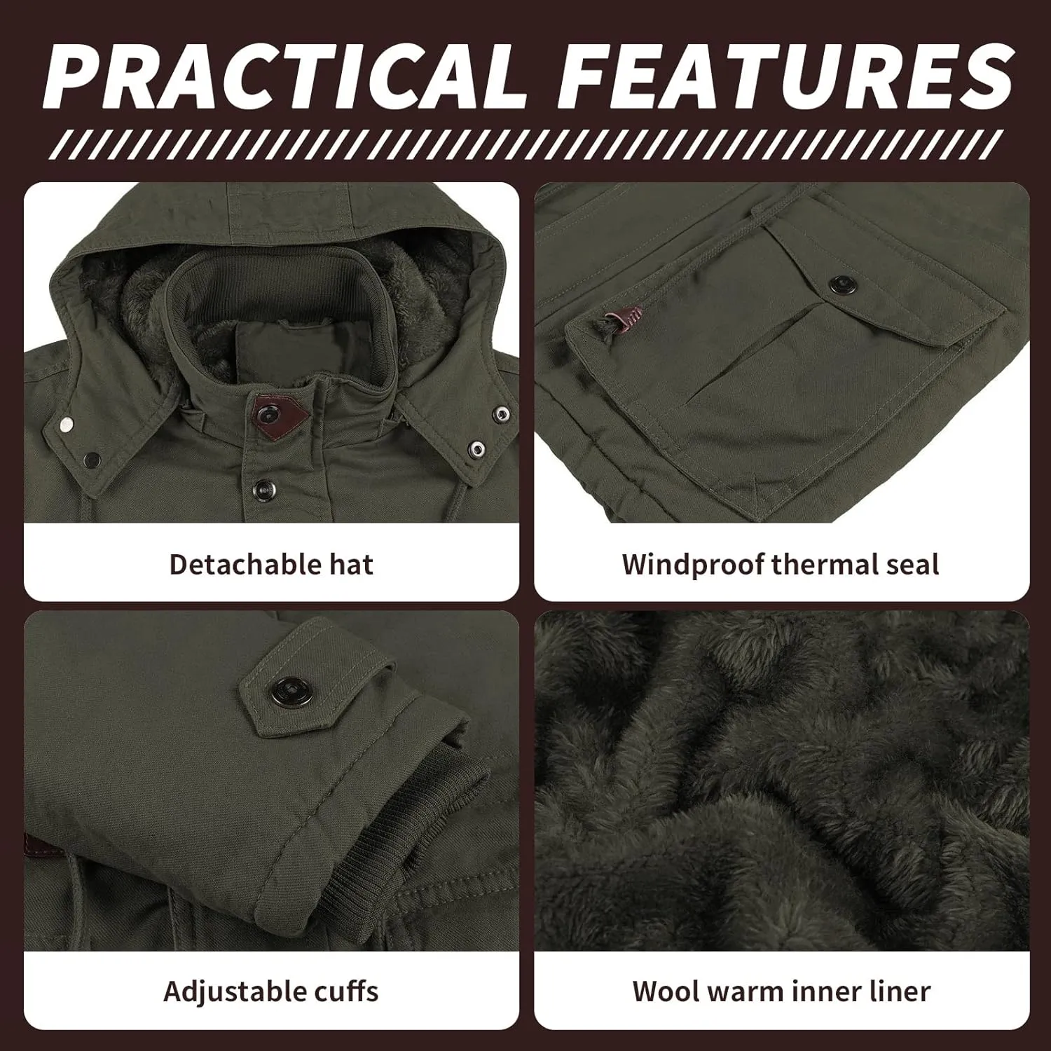 Mens Jacket Winter Casual Fleece Lined Cotton Thick Military Tactical Hooded Work Coats with Cargo Pockets