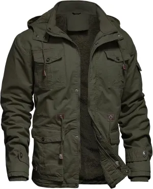 Mens Jacket Winter Casual Fleece Lined Cotton Thick Military Tactical Hooded Work Coats with Cargo Pockets