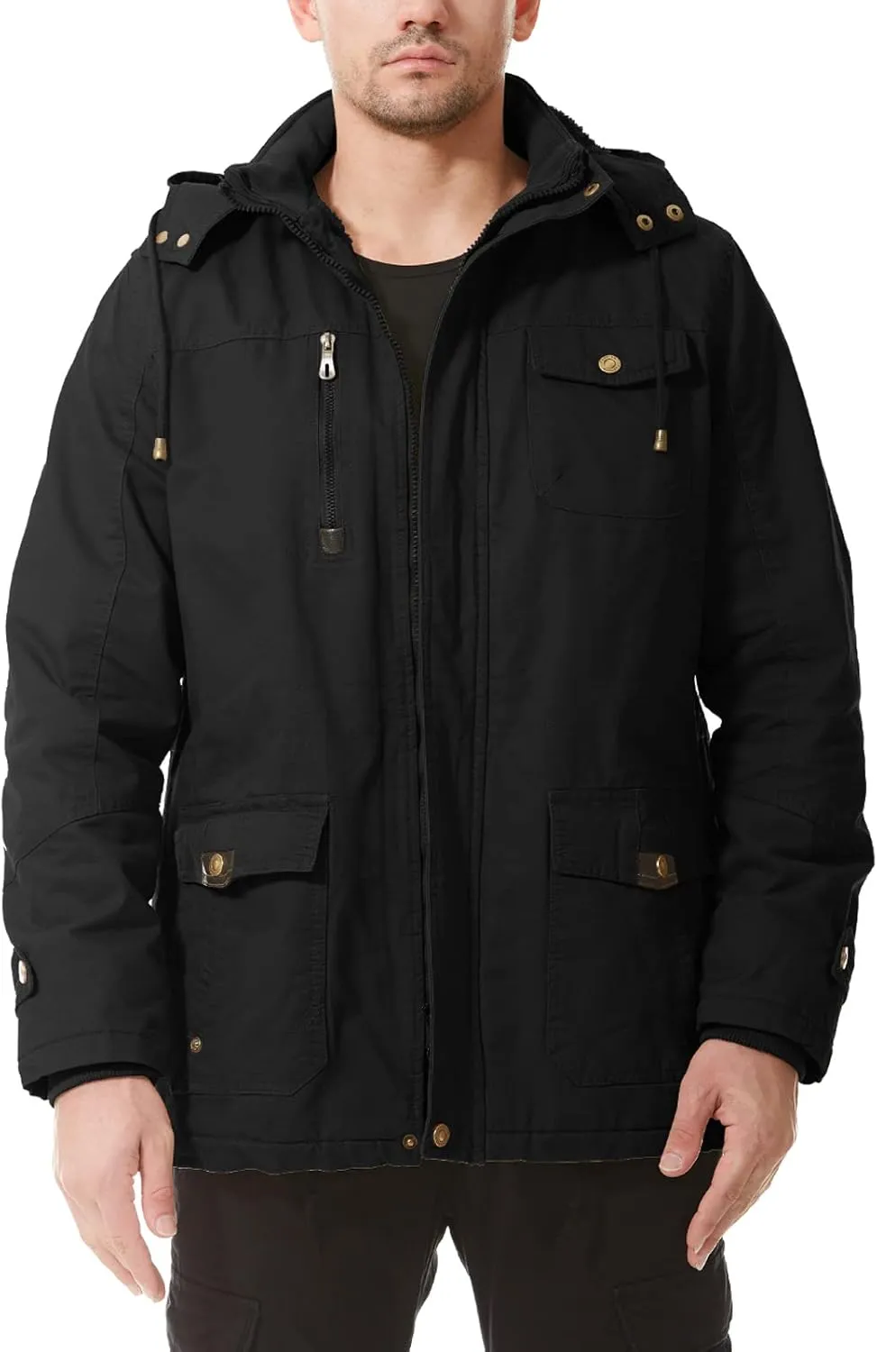 Mens Jacket Winter Casual Fleece Lined Cotton Thick Military Tactical Hooded Work Coats with Cargo Pockets