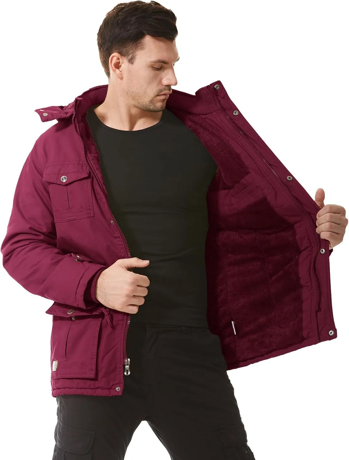 Mens Jacket Winter Casual Fleece Lined Cotton Thick Military Tactical Hooded Work Coats with Cargo Pockets