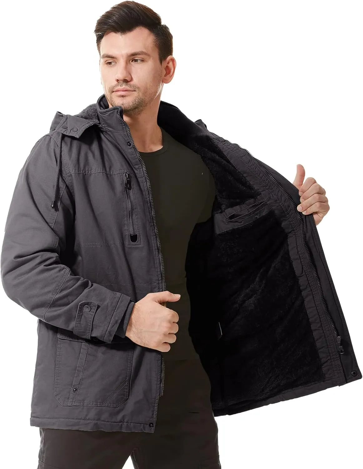 Mens Jacket Winter Casual Fleece Lined Cotton Thick Military Tactical Hooded Work Coats with Cargo Pockets
