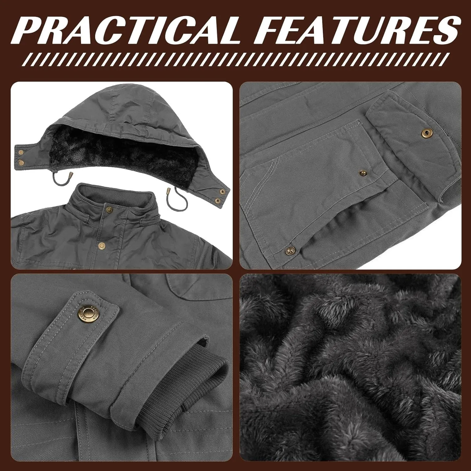 Mens Jacket Winter Casual Fleece Lined Cotton Thick Military Tactical Hooded Work Coats with Cargo Pockets