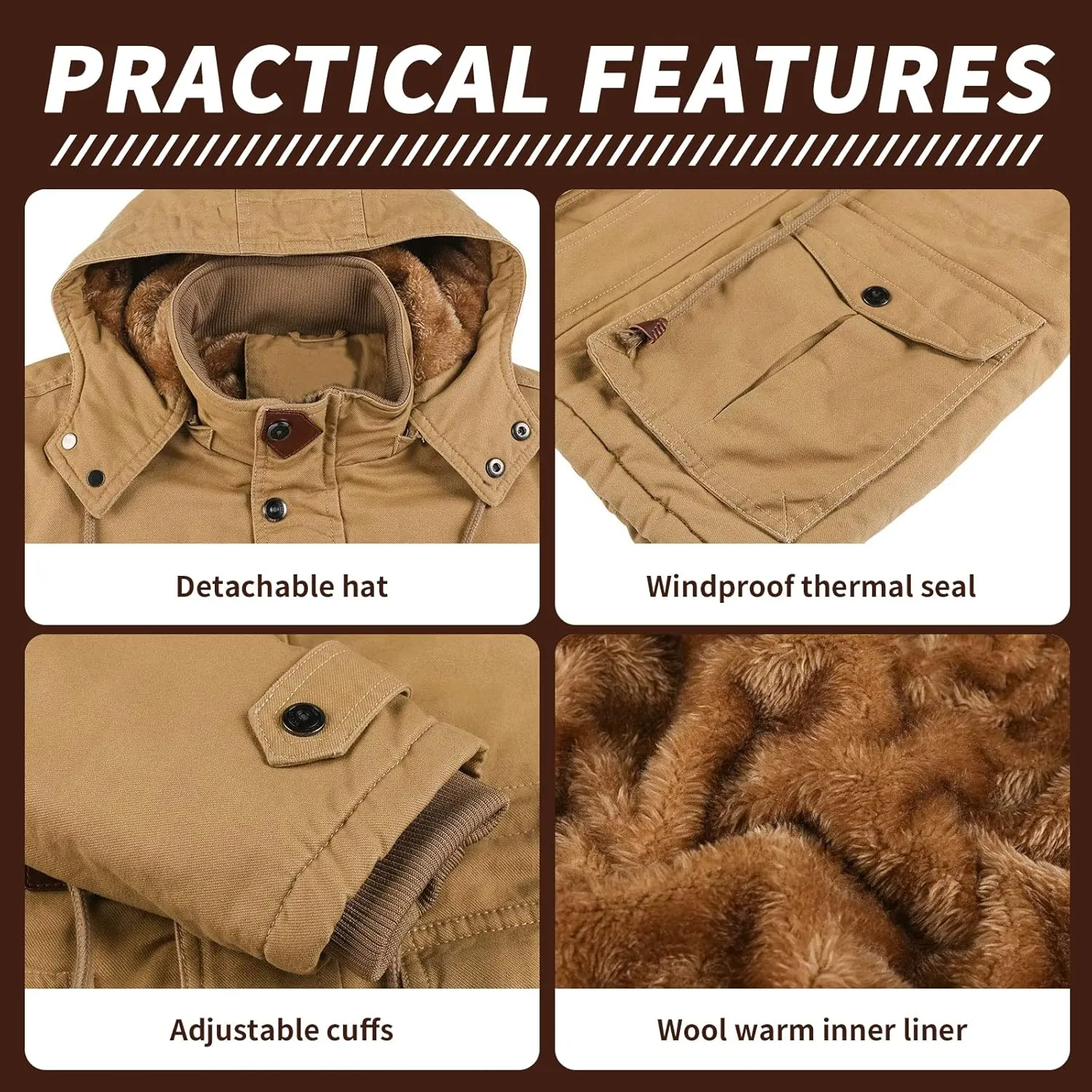 Mens Jacket Winter Casual Fleece Lined Cotton Thick Military Tactical Hooded Work Coats with Cargo Pockets
