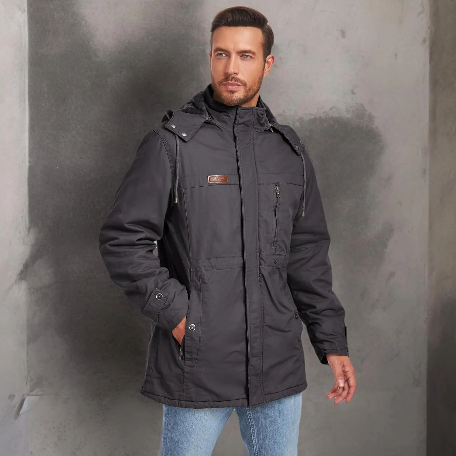 Mens Jacket Winter Casual Fleece Lined Cotton Thick Military Tactical Hooded Work Coats with Cargo Pockets