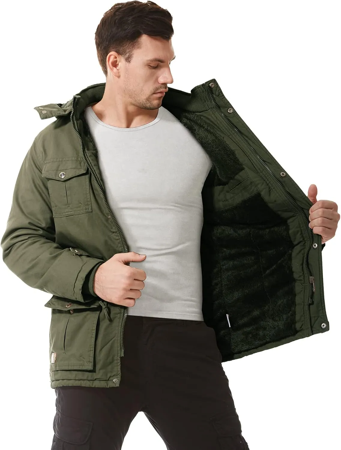Mens Jacket Winter Casual Fleece Lined Cotton Thick Military Tactical Hooded Work Coats with Cargo Pockets