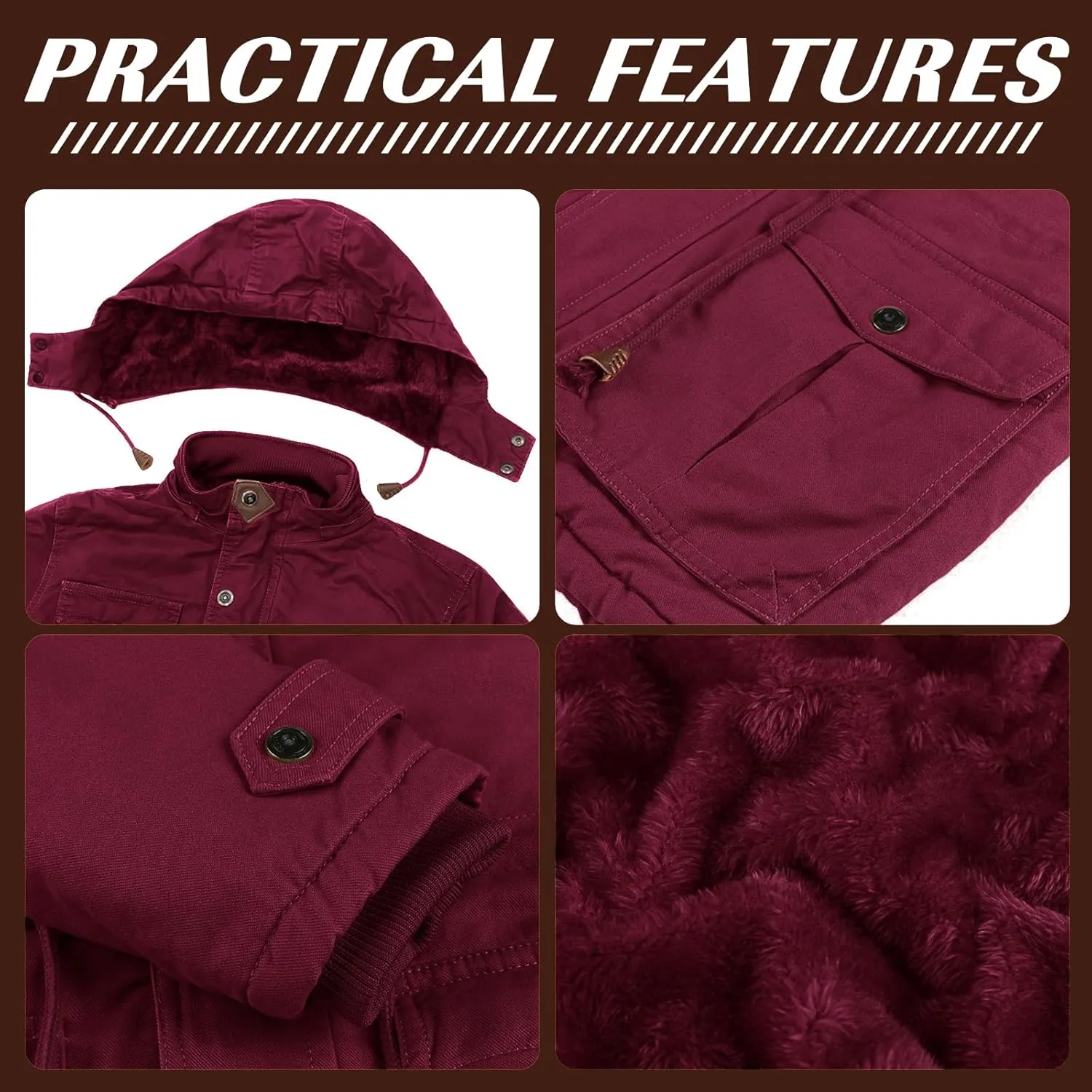 Mens Jacket Winter Casual Fleece Lined Cotton Thick Military Tactical Hooded Work Coats with Cargo Pockets