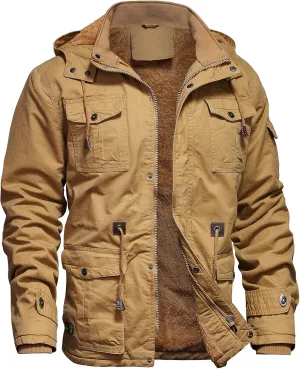 Mens Jacket Winter Casual Fleece Lined Cotton Thick Military Tactical Hooded Work Coats with Cargo Pockets