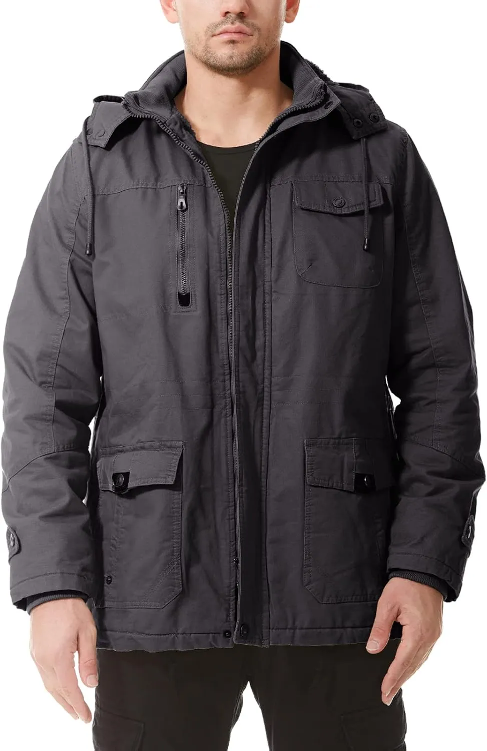 Mens Jacket Winter Casual Fleece Lined Cotton Thick Military Tactical Hooded Work Coats with Cargo Pockets