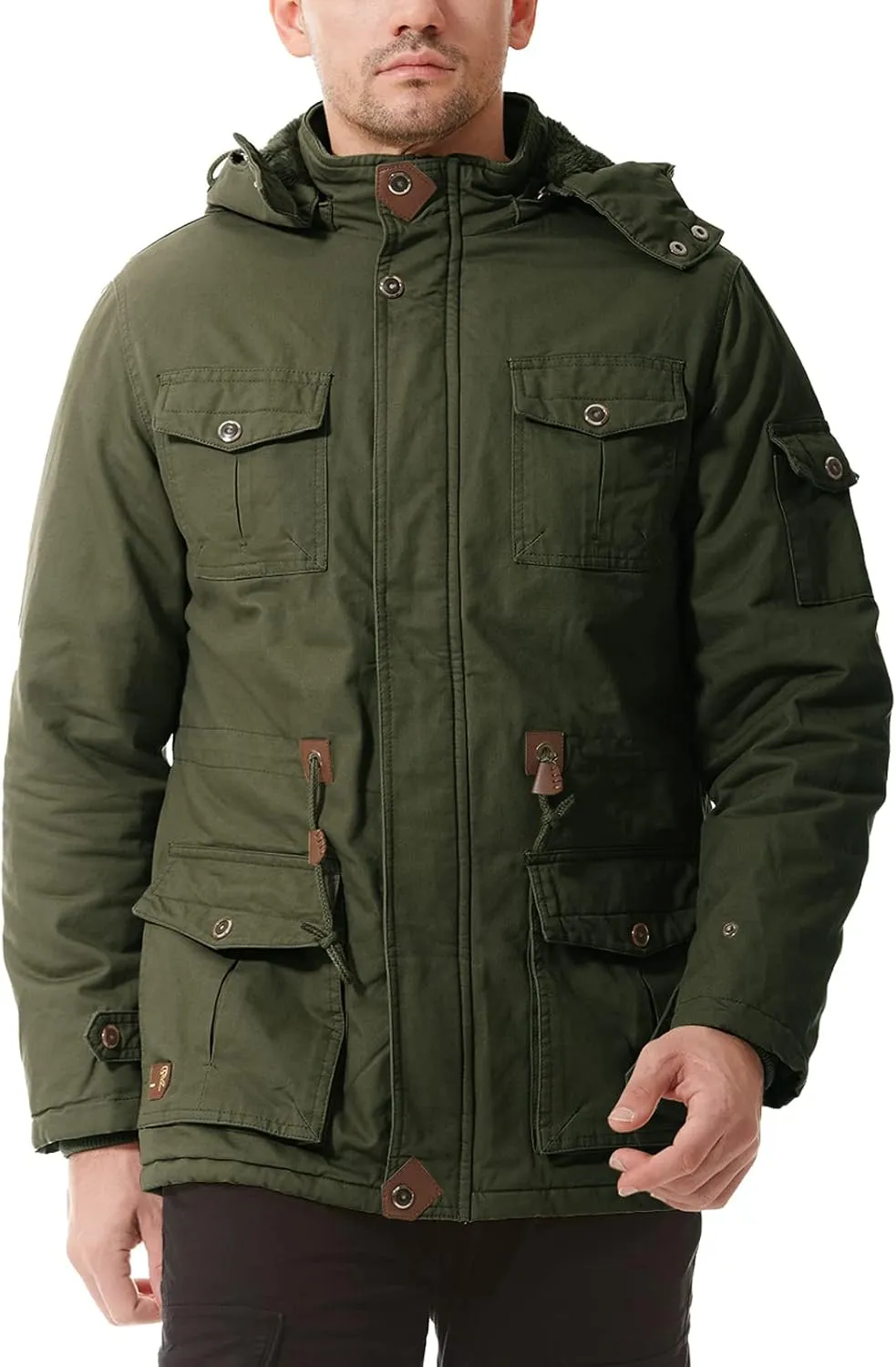Mens Jacket Winter Casual Fleece Lined Cotton Thick Military Tactical Hooded Work Coats with Cargo Pockets