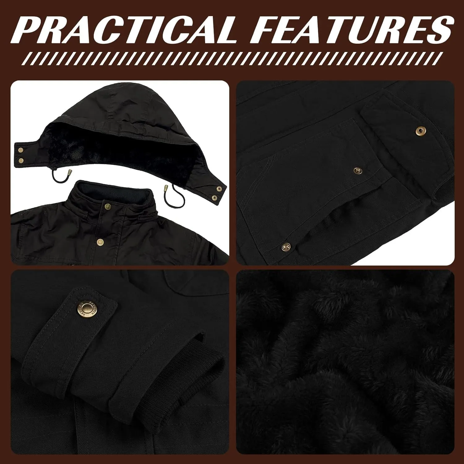 Mens Jacket Winter Casual Fleece Lined Cotton Thick Military Tactical Hooded Work Coats with Cargo Pockets