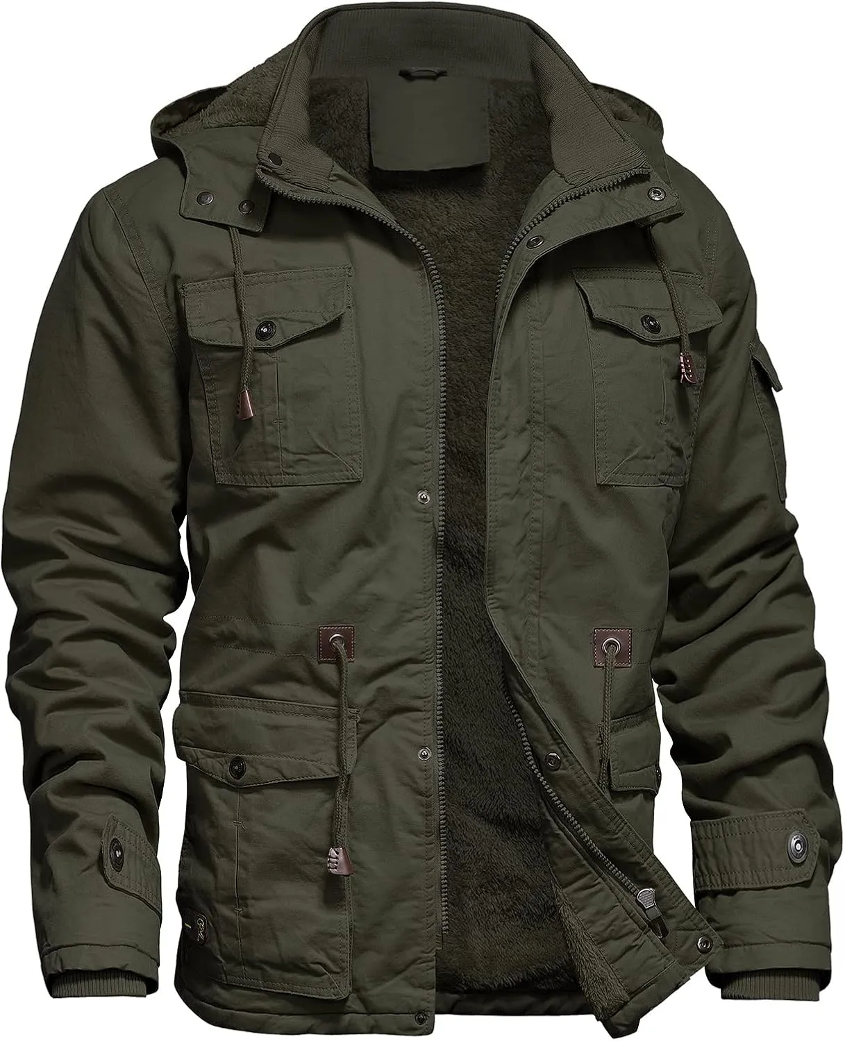 Mens Jacket Winter Casual Fleece Lined Cotton Thick Military Tactical Hooded Work Coats with Cargo Pockets