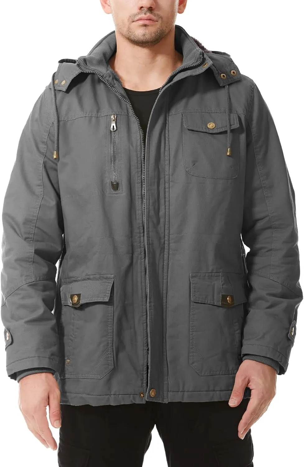 Mens Jacket Winter Casual Fleece Lined Cotton Thick Military Tactical Hooded Work Coats with Cargo Pockets