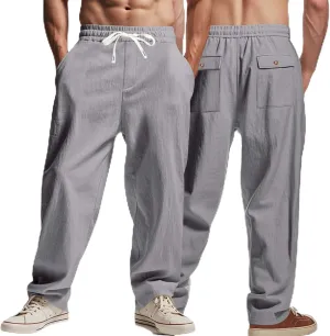 Men's Linen Pants 2 Pack Casual Pant Multipack Summer Outdoor Vacation Beach Trousers Open Bottom Slacks with Pockets