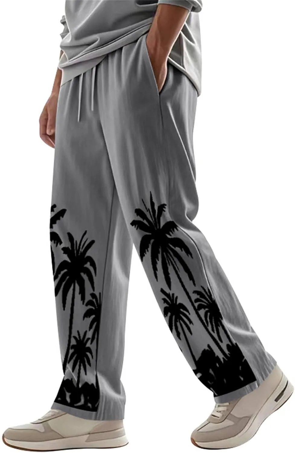 Men's Linen Pants Palm Tree Graphic Pant Summer Outdoor Vacation Beach Plus Size Trousers Casual Open Bottom Slacks