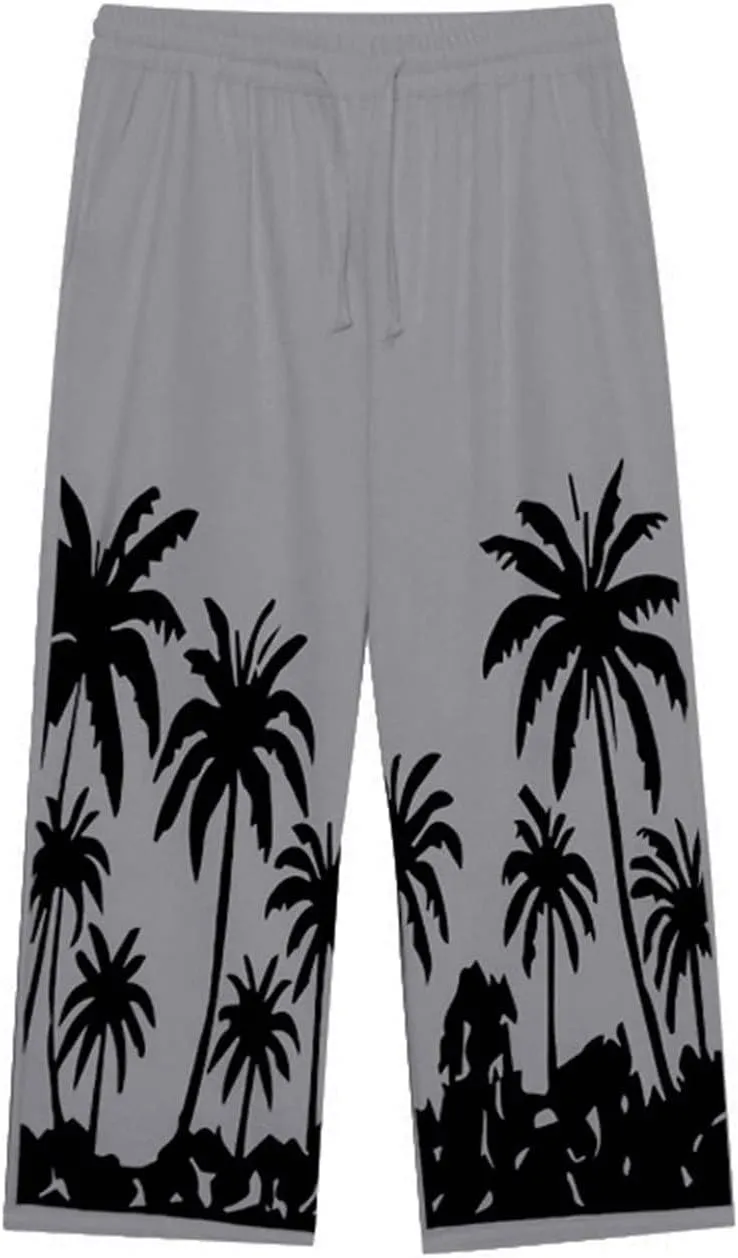 Men's Linen Pants Palm Tree Graphic Pant Summer Outdoor Vacation Beach Plus Size Trousers Casual Open Bottom Slacks